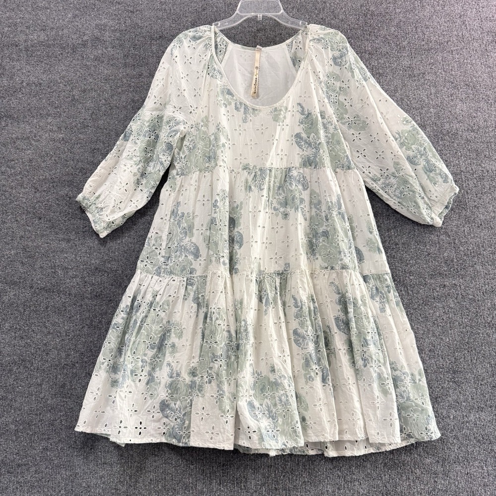 Uncle Frank x Ivy Jane Tiered Floral Ruffle Eyelet Dress Cotton Green White Sz M